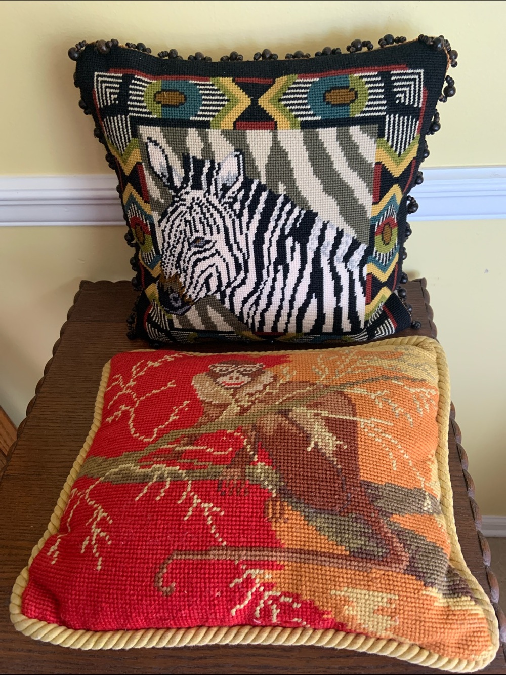 Zebra and Monkey Needlepoint Throw Pillows - Multicolor Set